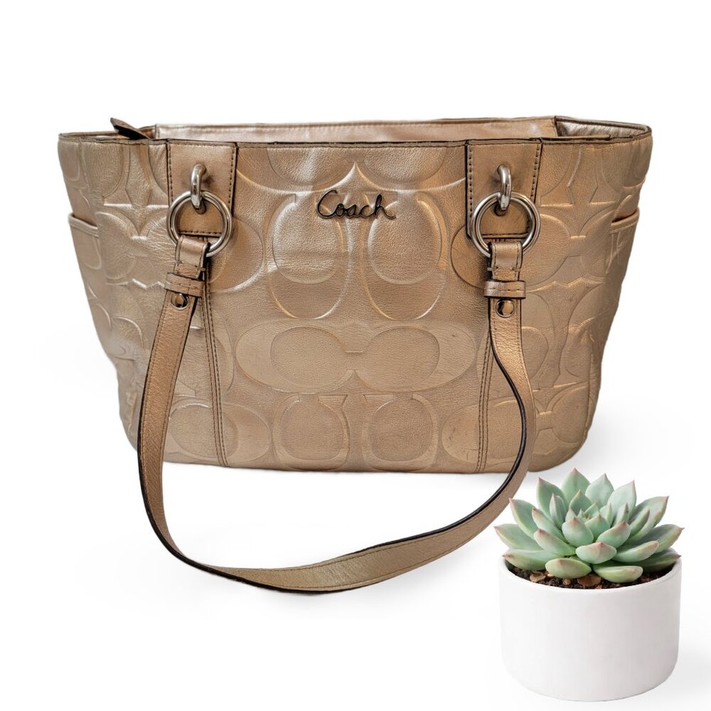 COACH Gold Embossed Leather Shoulder Bag Silver Hardware
